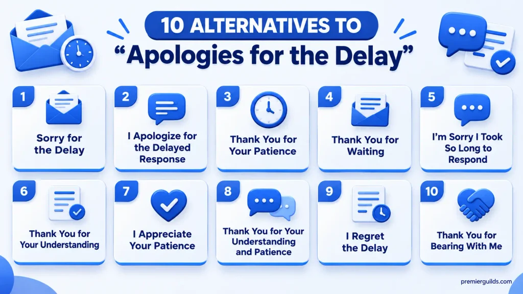 10 alternatives to apologies for the delay including professional and polite phrases