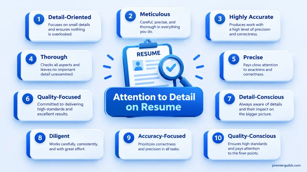 infographic showing 10 alternatives to attention to detail on a resume