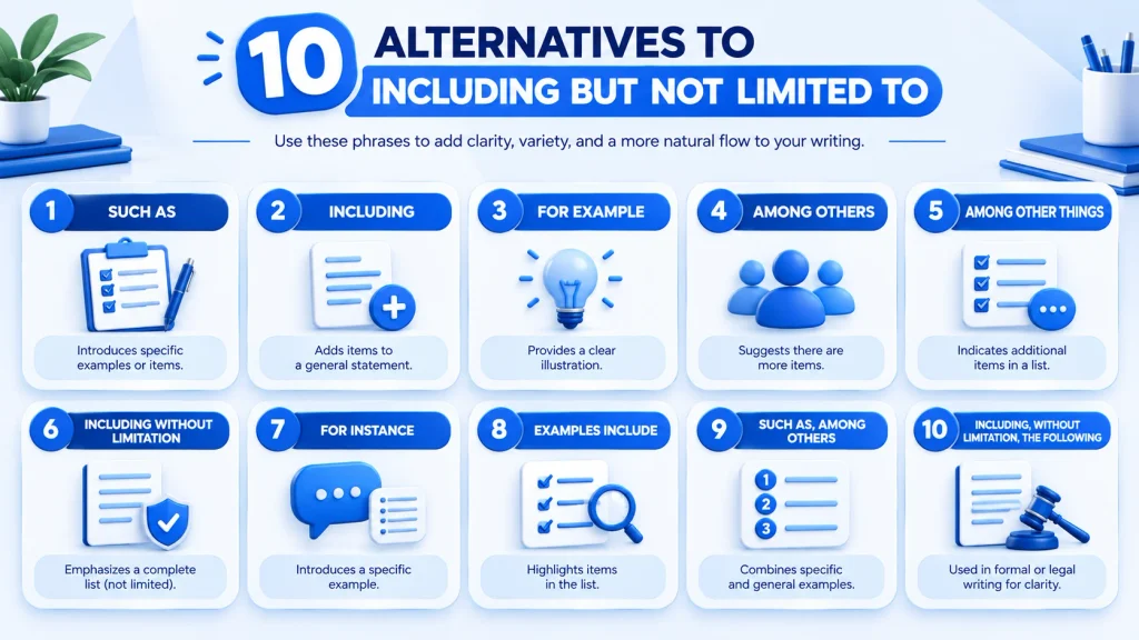 10 alternatives to including but not limited to such as including and for example