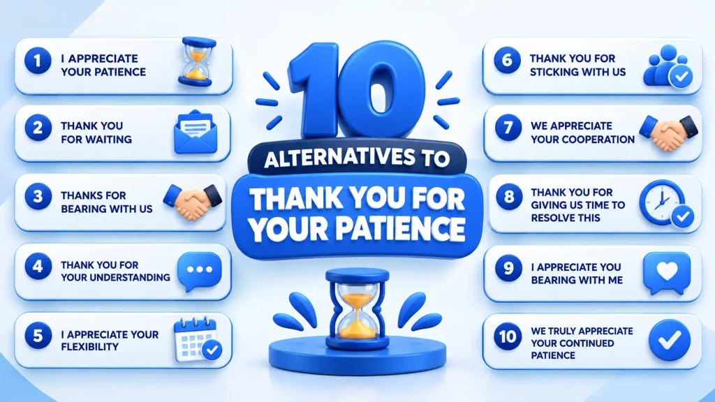 10 alternatives to thank you for your patience including I appreciate your patience and thank you for waiting
