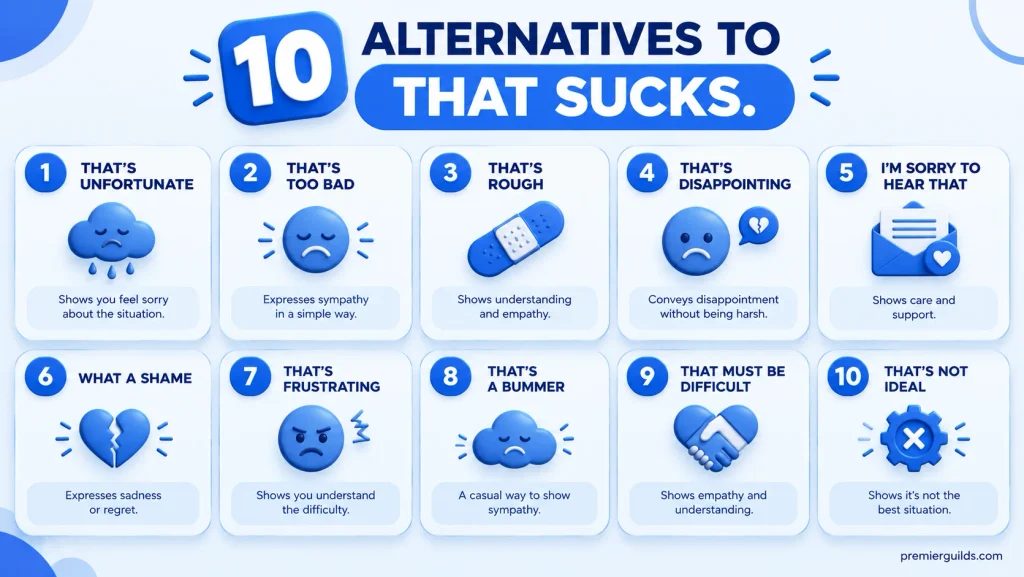 10 alternatives to that sucks including that’s unfortunate and that’s too bad