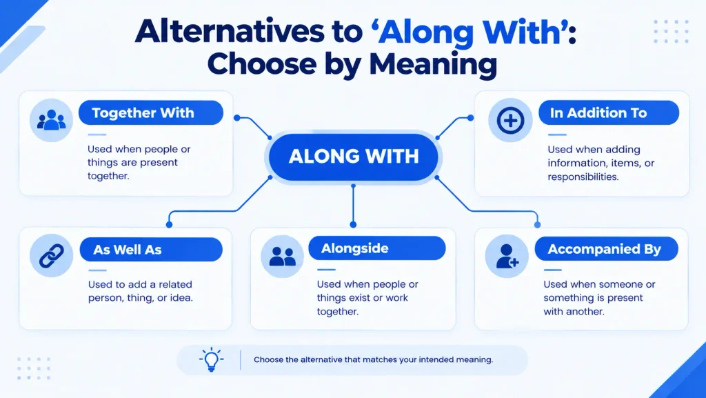 Guide to alternatives for along with including together with, in addition to, as well as, and alongside
