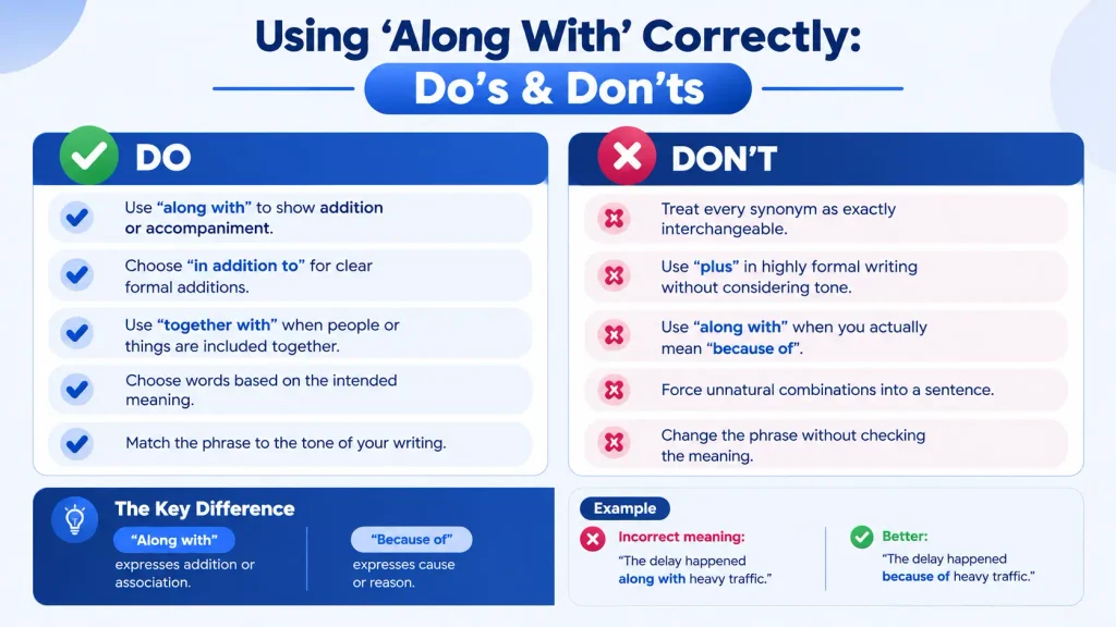 Do’s and don’ts for using along with and its alternatives correctly in English