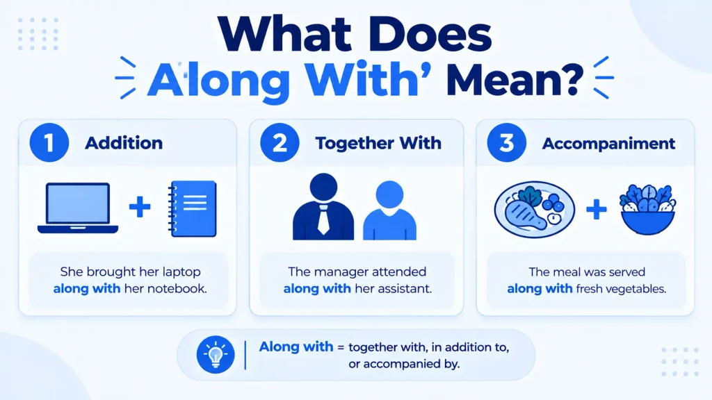 Meaning of along with with examples showing addition, accompaniment, and things occurring together