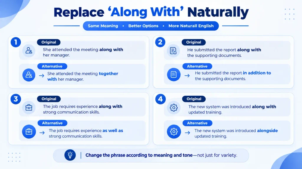 Sentence examples showing different ways to replace along with in American English