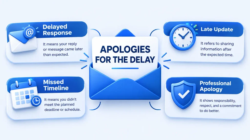 Meaning of another way to say apologies for the delay in professional communication