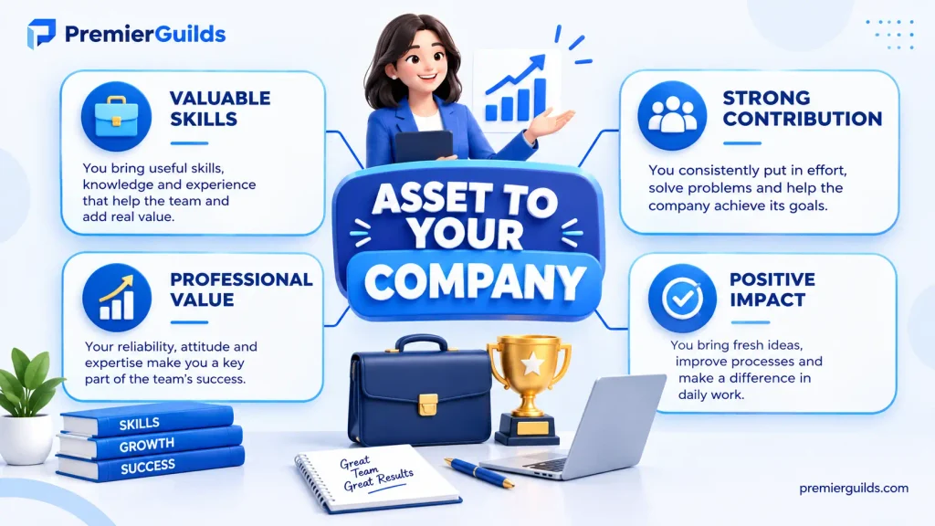 Meaning of asset to your company showing professional value skills contribution and positive impact