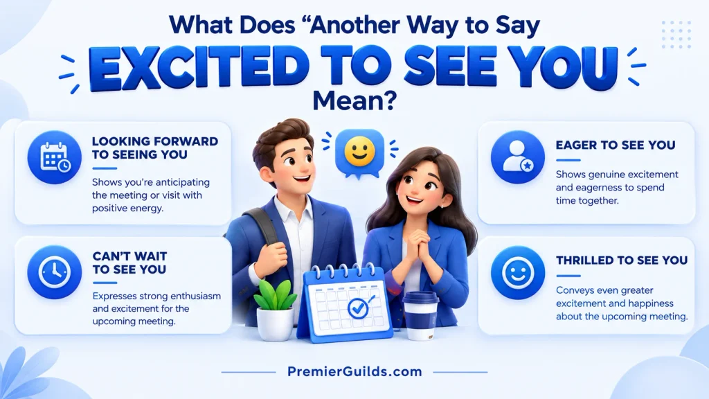 Meaning of another way to say excited to see you with common English alternatives