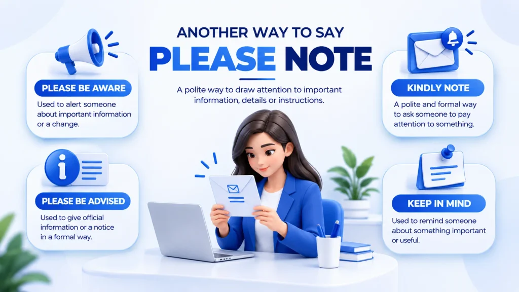 Meaning of another way to say please note with professional English alternatives