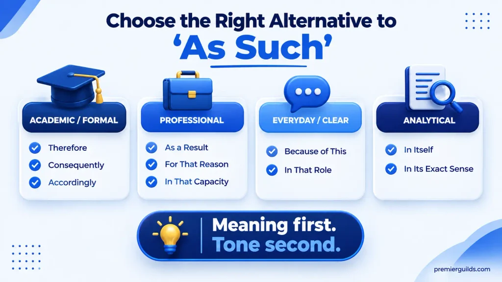 Tone and context guide for choosing alternatives to as such in formal and everyday writing