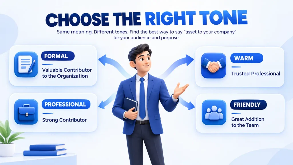 Professional formal warm and friendly alternatives to asset to your company by tone