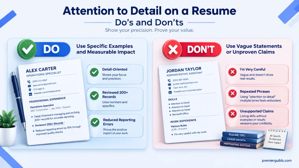 do’s and don’ts infographic for using attention to detail on a resume
