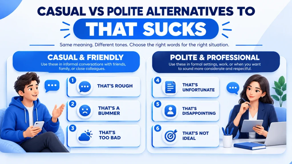 Casual and polite alternatives to that sucks for different situations