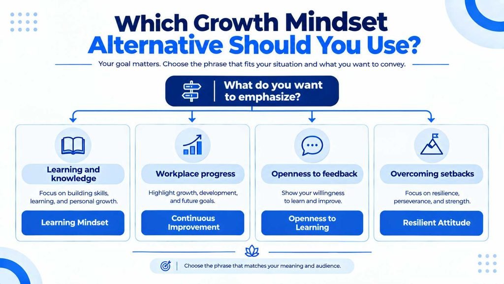 Decision tree showing how to choose a growth mindset alternative for learning, workplace progress, feedback, or setbacks.
