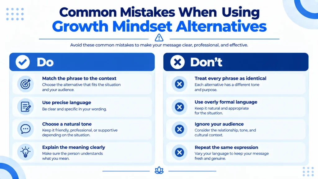 Do and don’t infographic showing common mistakes when using growth mindset alternatives in writing.