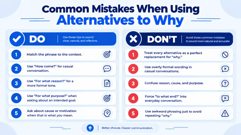 Do’s and don’ts for using alternatives to why correctly in English