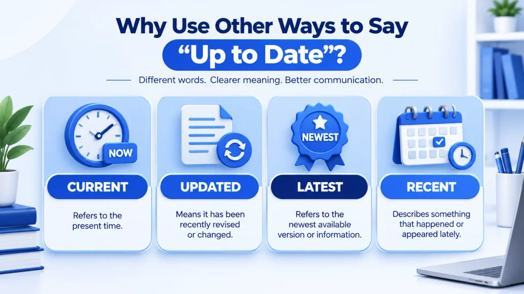Difference between current updated latest and recent as alternatives to up to date