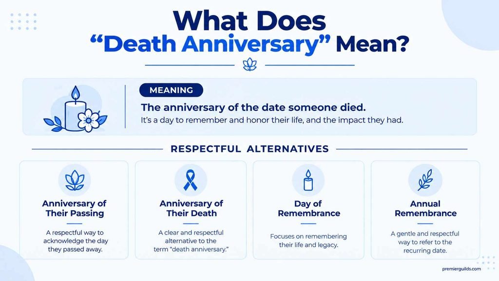 Meaning of death anniversary with respectful alternatives such as anniversary of their passing and day of remembrance.