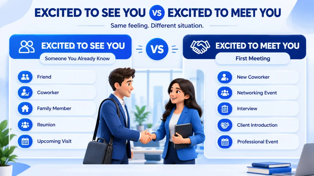 Difference between excited to see you and excited to meet you