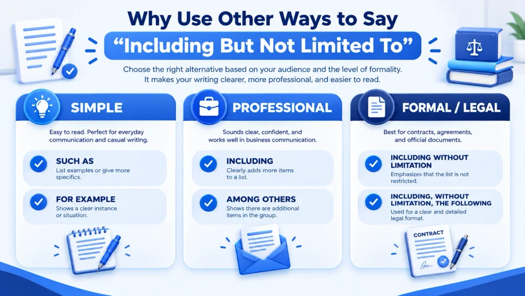 Simple professional and formal alternatives to including but not limited to