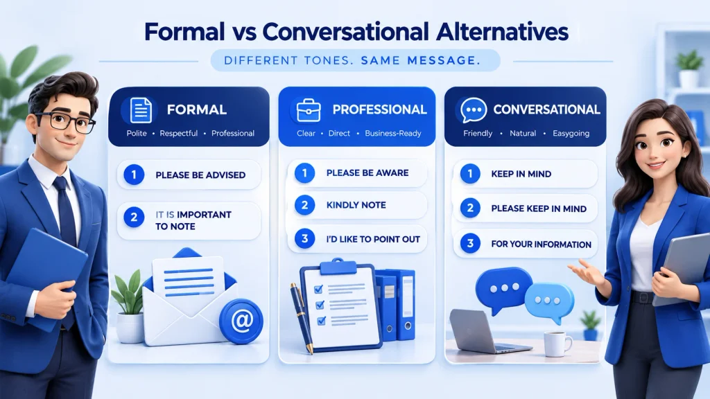 Formal professional and conversational alternatives to please note