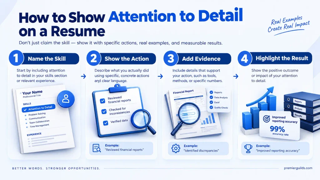 step-by-step infographic showing how to demonstrate attention to detail on a resume