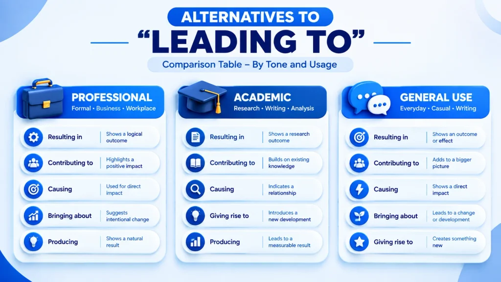 comparison infographic of alternatives to leading to by tone and usage