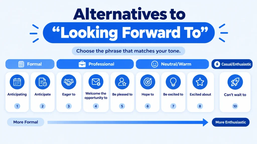 Tone guide showing alternatives to looking forward to from formal to casual and enthusiastic