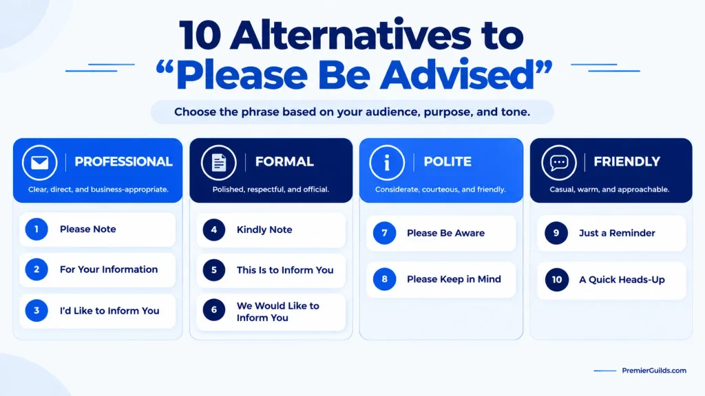 Professional alternatives to please be advised organized by formal, professional, polite, and friendly tone