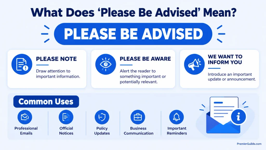 Meaning and usage guide for please be advised in professional emails and workplace communication