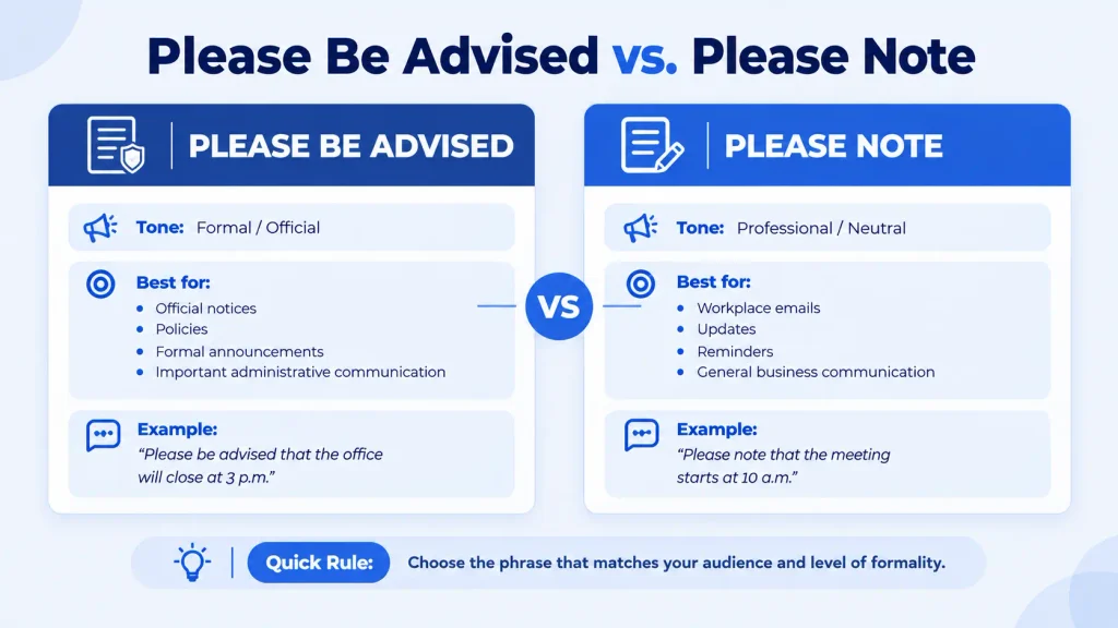 Comparison of please be advised and please note for professional workplace emails