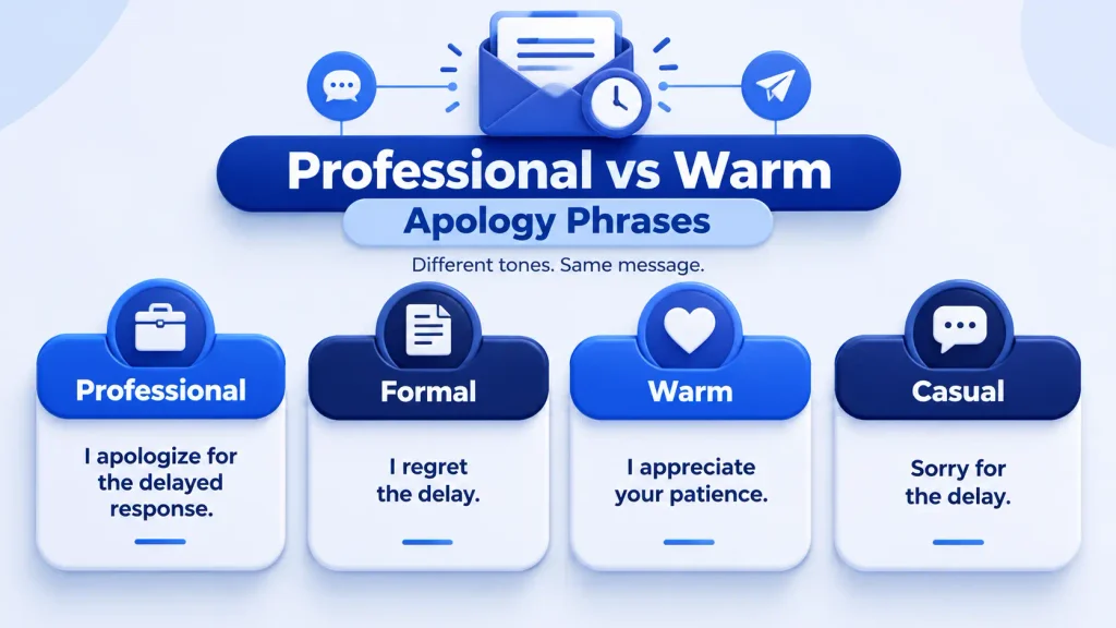 Professional formal warm and casual alternatives to apologizing for a delayed response