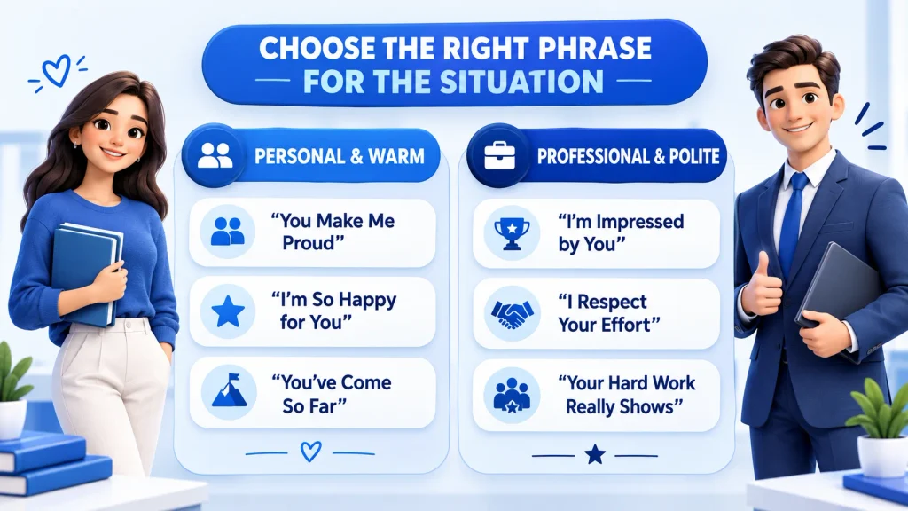 Personal and professional alternatives to proud of you by situation and tone