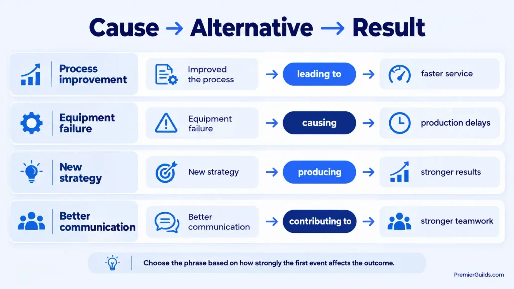 Examples showing how resulting in can be replaced with leading to, causing, producing, and contributing to