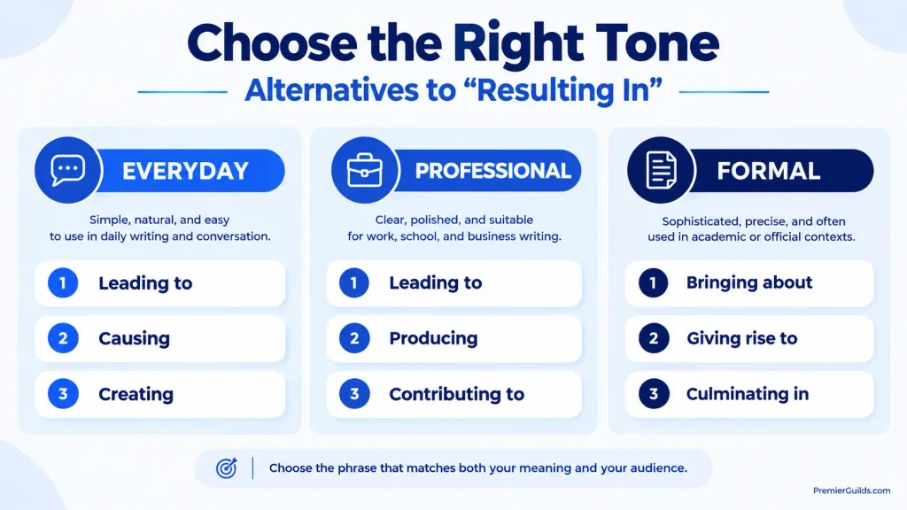 Tone guide comparing formal, professional, and everyday alternatives to resulting in