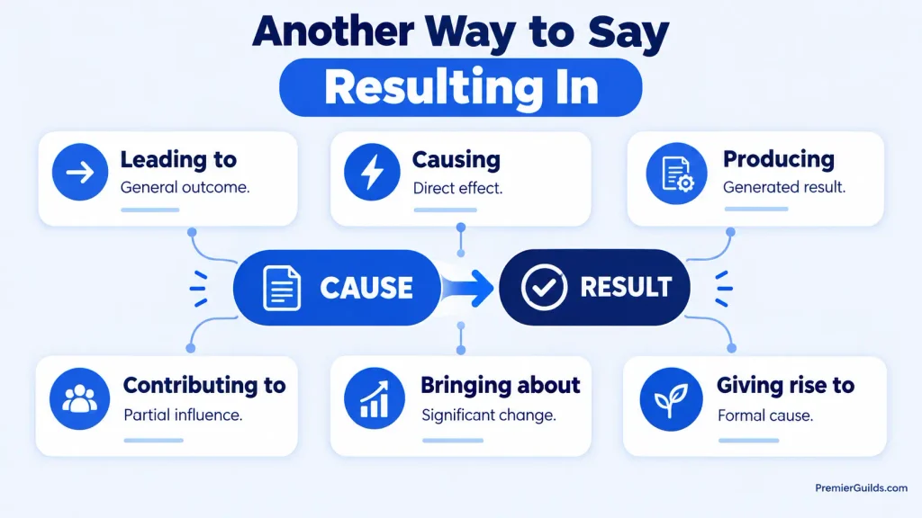 Cause-and-effect diagram showing alternatives to resulting in, including leading to, causing, producing, and contributing to