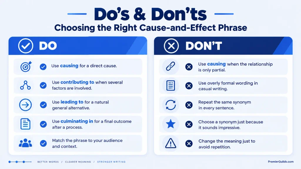 Do’s and don’ts for choosing synonyms for resulting in based on cause and effect
