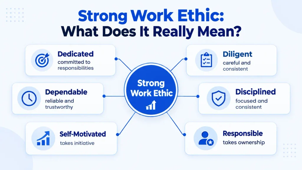 Professional alternatives to strong work ethic including dedicated, diligent, dependable, and disciplined
