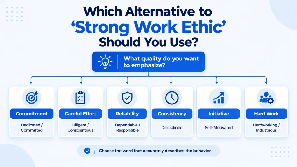 Decision guide for choosing the best synonym for strong work ethic based on professional meaning