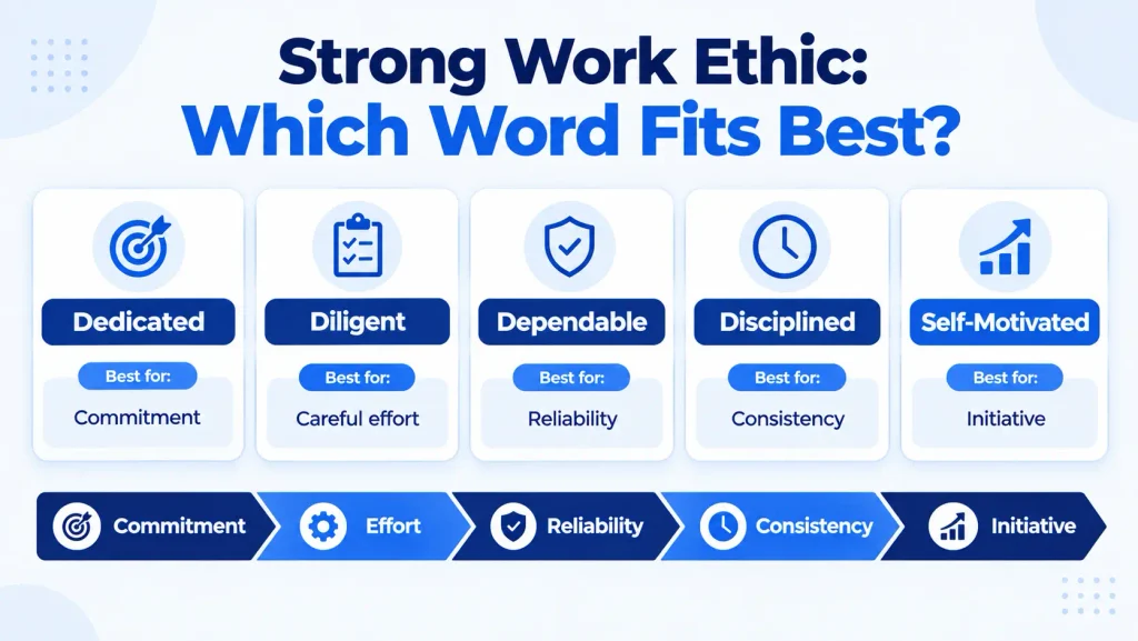 Comparison of strong work ethic synonyms by meaning and professional tone