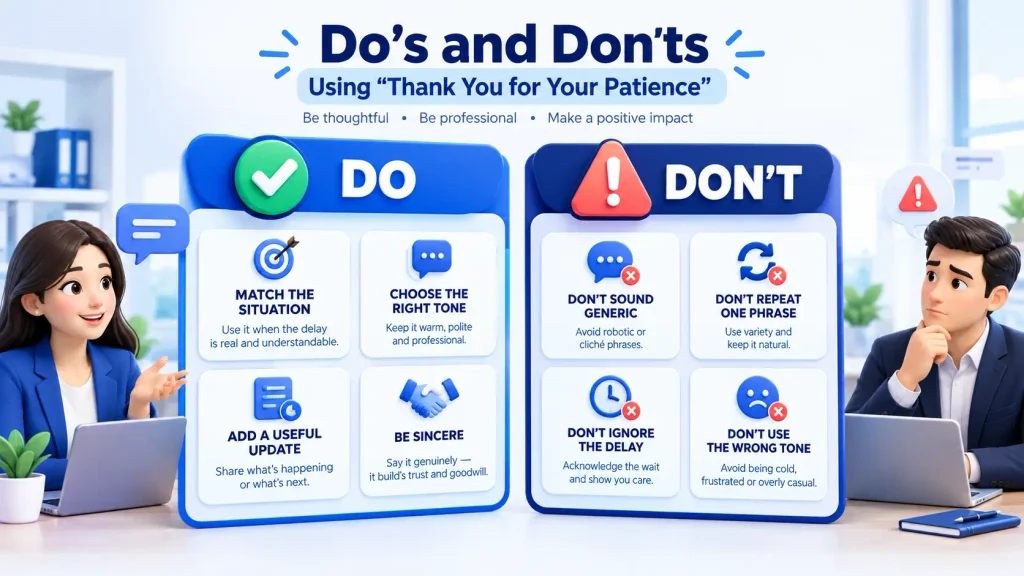 Do’s and don’ts for using thank you for your patience in professional communication