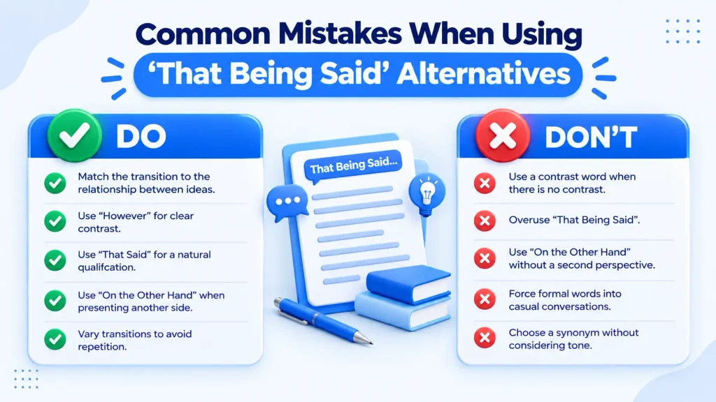 common mistakes when using alternatives to that being said