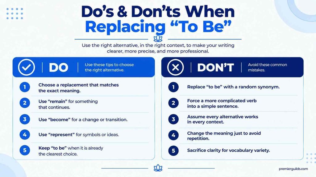 Do and don’t guide for replacing to be with clearer and more precise verbs.
