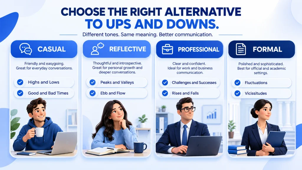Casual professional reflective and formal alternatives to ups and downs