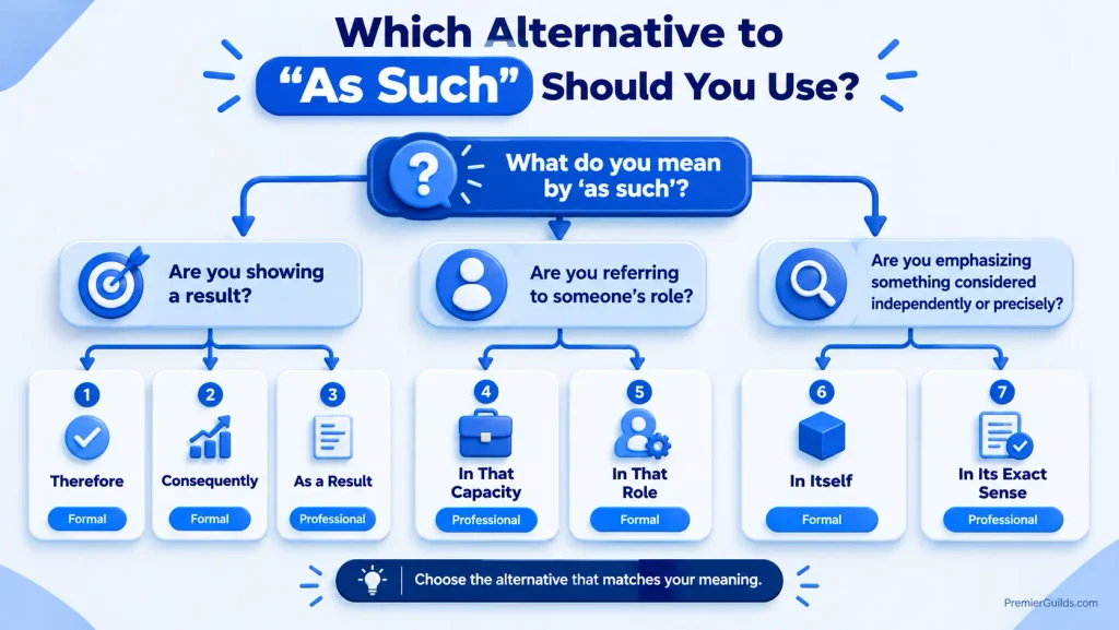 Decision tree showing which alternative to as such to use for results, roles, or exact meaning
