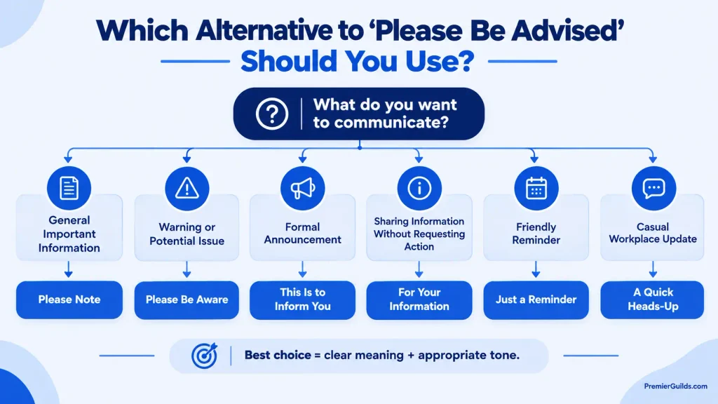 Decision tree showing which alternative to please be advised to use in professional emails