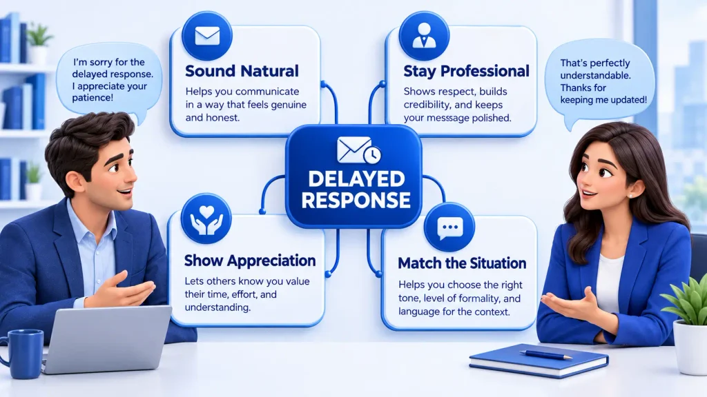 Reasons to use different alternatives to apologies for the delay in professional emails