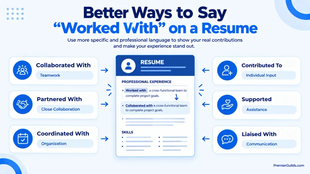 Professional alternatives to worked with on a resume including collaborated with, partnered with, and coordinated with