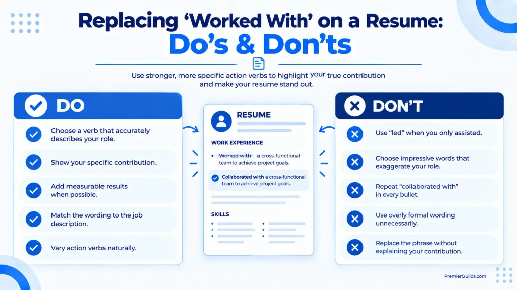 Do’s and don’ts for replacing worked with on a resume with accurate action verbs