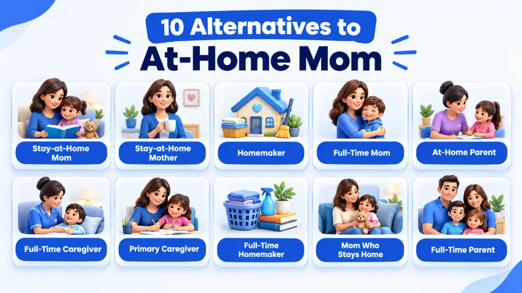 10 alternatives to at-home mom, including stay-at-home mom, homemaker, and full-time parent